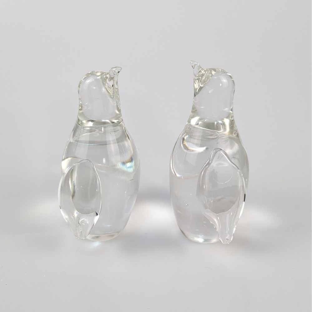 Vtg Handblown Clear Glass Penguin Figurines Set of 2 Collectible Art Bird Decor